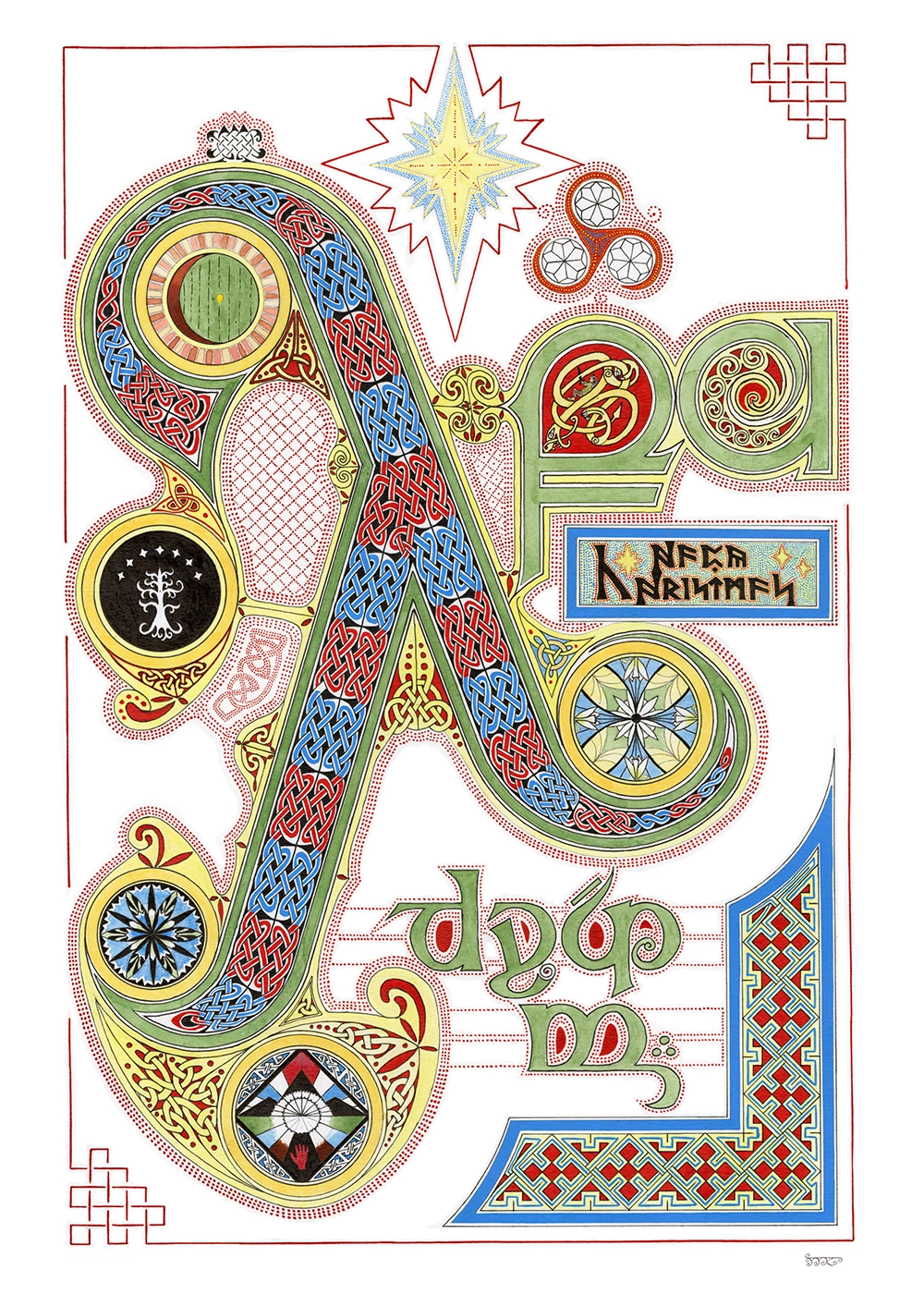 A Xmas card designed for the Tolkien Society. Tengwar lettering with insular design & decorated with Tolkien's Elven devices